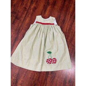 MONDAY'S CHILD Green Striped SUNDRESS Cherry Applique - 4T - Cotton/Poly Blend